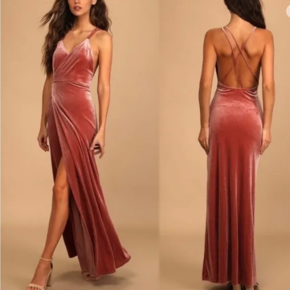 Lulus Whimsical Romance Mauve Pink Velvet Faux-Wrap Maxi Dress Slits Size M